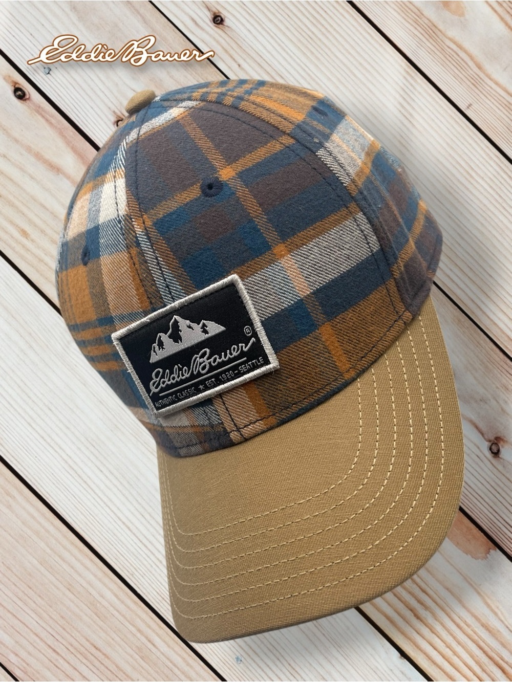 Eddie Bauer Plaid Flannel 100% Cotton Baseball Cap Blue Orange